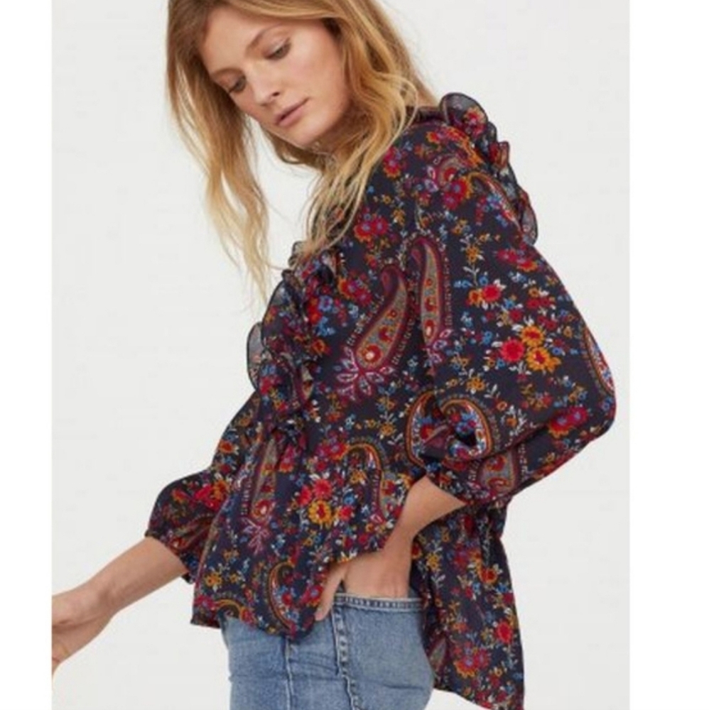 H&M paisley floral boho frills long sleeve blouse sz 4